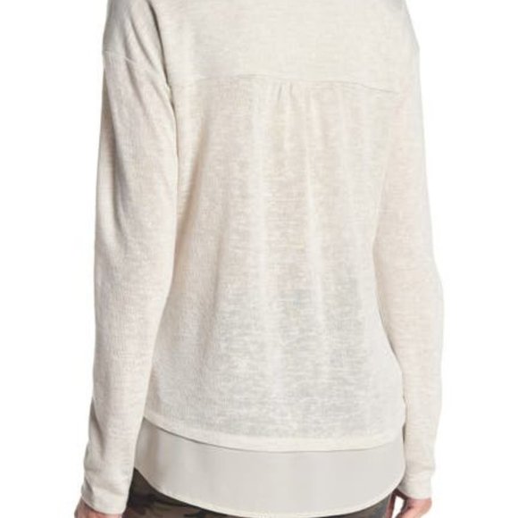 Sanctuary Knit Mixed Media Sweater V Neck Front Cut Neutral Minimalist Medium - Picture 2 of 12